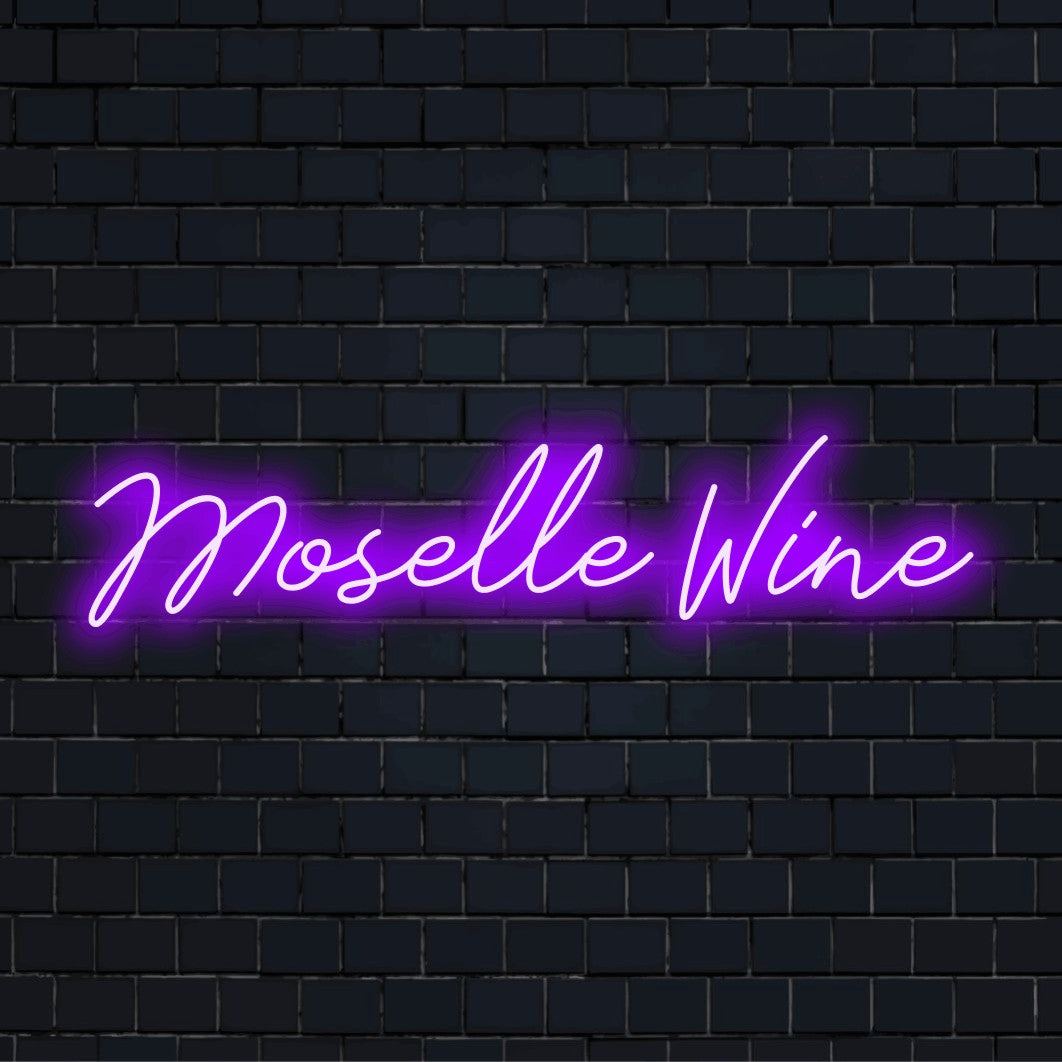 Moselle Wine Neon Sign, bright LED glow on dark brick wall