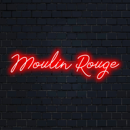 Moulin Rouge Neon Light with bright neon glow on dark brick background