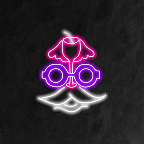 Ein Neonschild im Retro-Stil mit einem charmanten Gesicht mit stylischem Schnurrbart, trendiger Brille und einem Cocktail in der Hand.