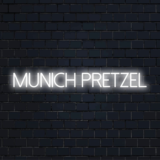 Munich Pretzel Neon Sign, bright neon glow against black brick wall