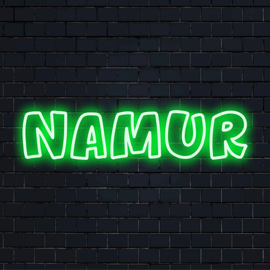 Namur Neon Sign, bright LED glow on dark brick background