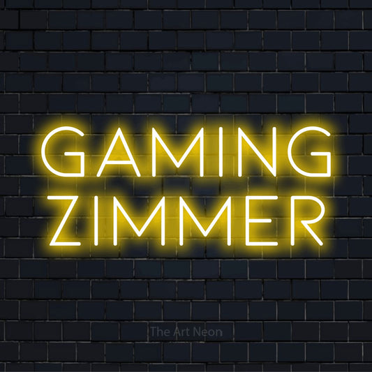 LED-Neonschild mit dem Text „Gaming Zimmer“ auf dunkler Ziegelwand