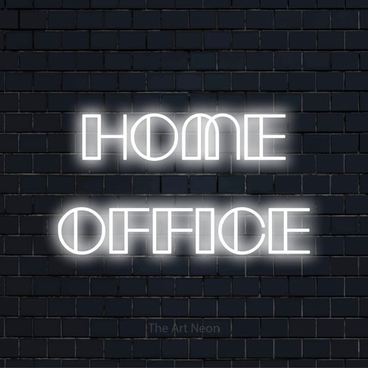 LED-Neonschild mit dem Text „Home Office“ auf dunkler Ziegelwand