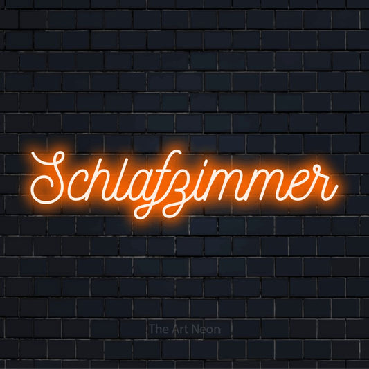 LED-Neonschild mit dem Text „Schlafzimmer“ auf dunkler Ziegelwand