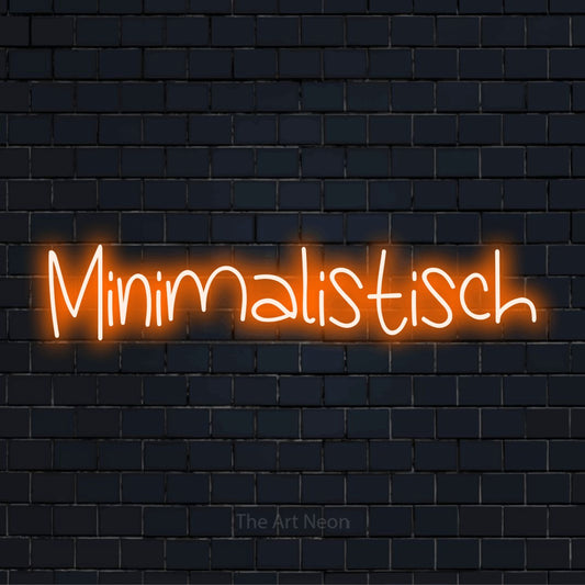 LED-Neonschild mit dem Text „Minimalistisch“ auf dunkler Ziegelwand