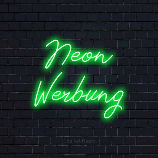 LED-Neonschild mit dem Design „Neon Werbung“ auf dunkler Ziegelwand