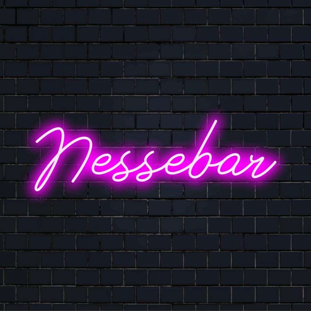 Nessebar Neon Sign, glowing neon text on black brick background