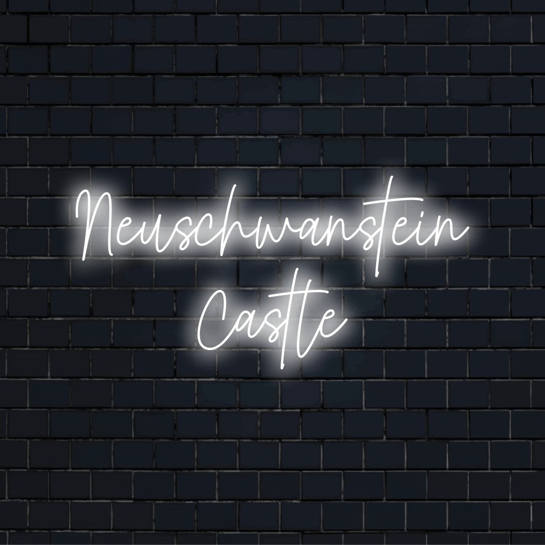 Neuschwanstein Castle LED Neon Sign, bright LED glow against black brick wall