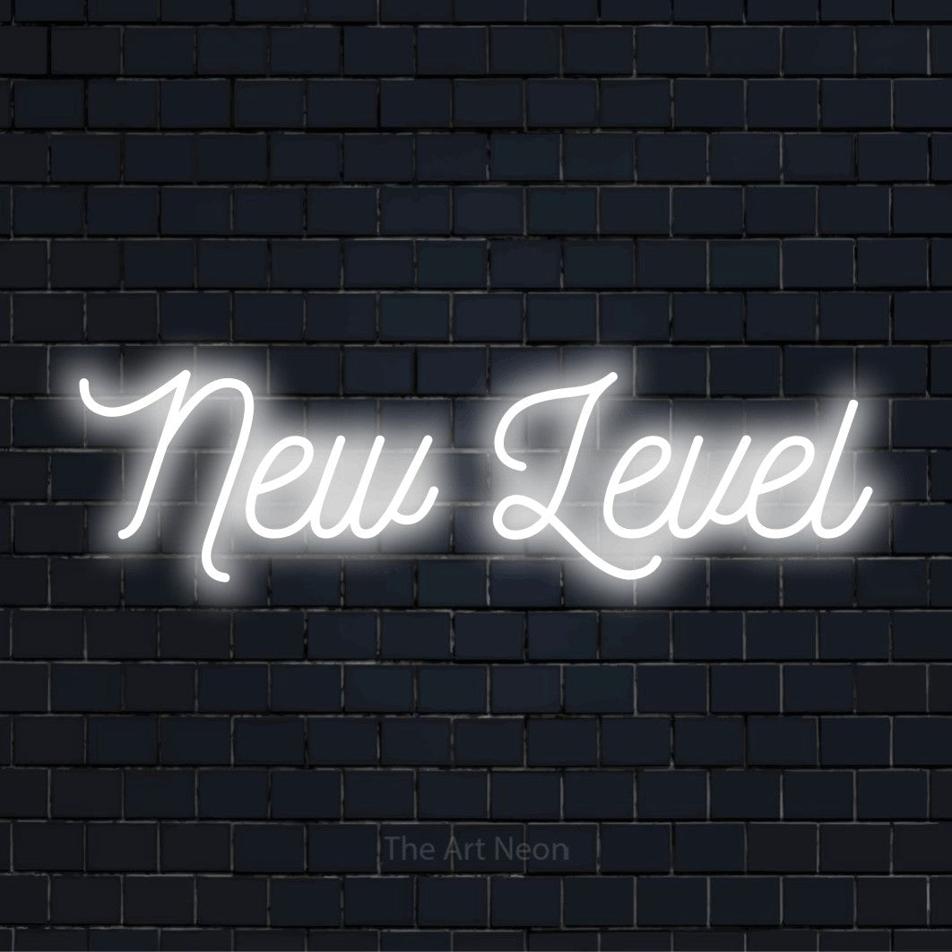 "New Level" neon text design on a black brick wall