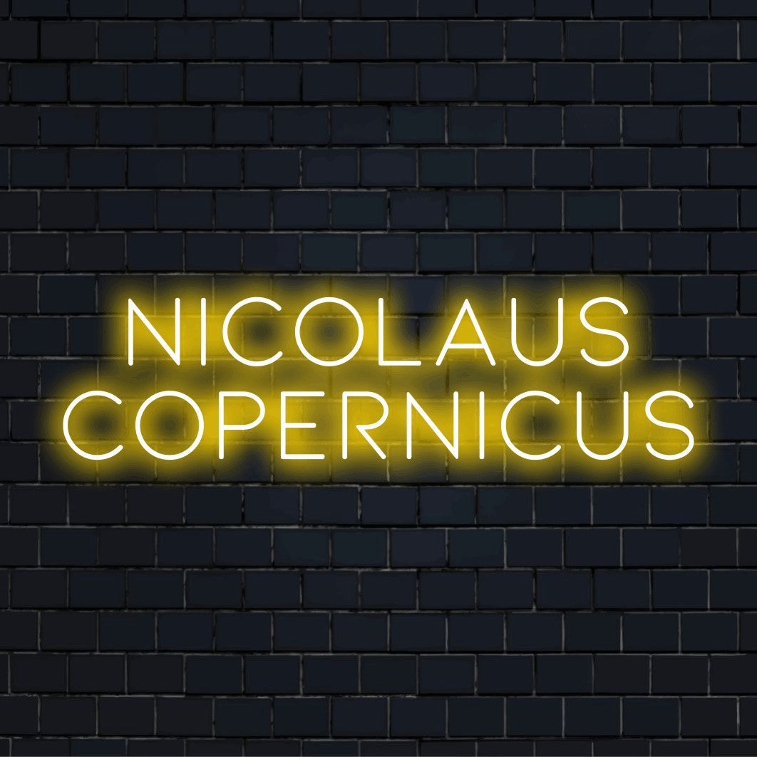Nicolaus Copernicus LED Neon Sign, glowing lettering on black brick background