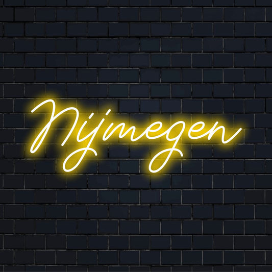 Nijmegen LED Neon Sign, bright neon lettering on dark brick wall