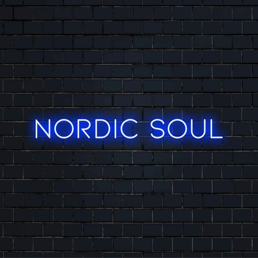 Nordic Soul Neon Sign, soft neon glow on black brick background