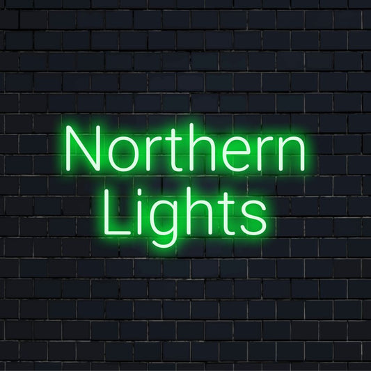 Northern Lights Neon Sign, neon text light against brick backdrop