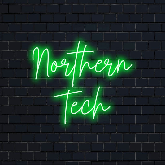 Northern Tech LED Neon Sign, bright LED glow on dark brick wall