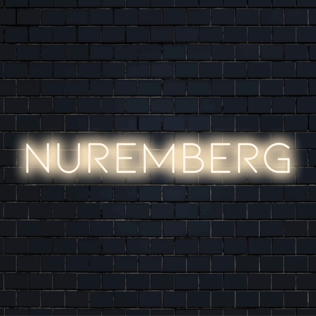 Nuremberg Neon Sign, glowing neon text on dark brick background