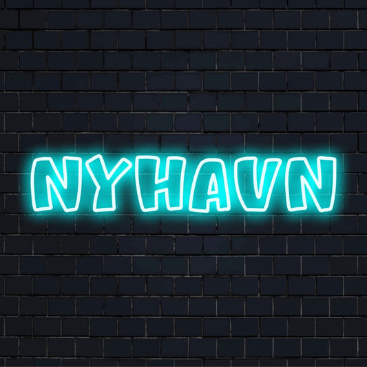 Nyhavn Neon Sign, glowing neon text against black brick wall