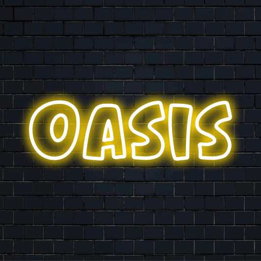 Oasis Neon Sign, bright LED glow against brick backdrop