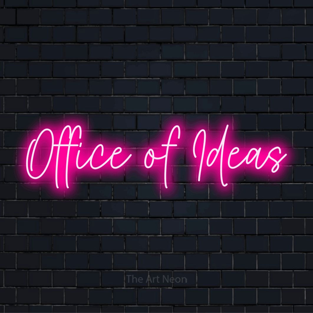 "Office Of Ideas" LED neon sign on a black brick wall