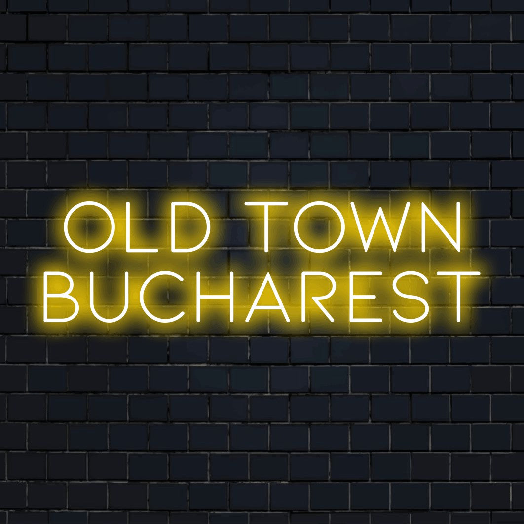 Old Town Bucharest LED Neon Sign, soft neon glow on black brick background