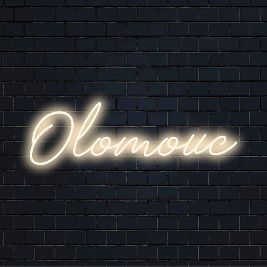 Olomouc Neon Sign, bright neon glow against brick backdrop