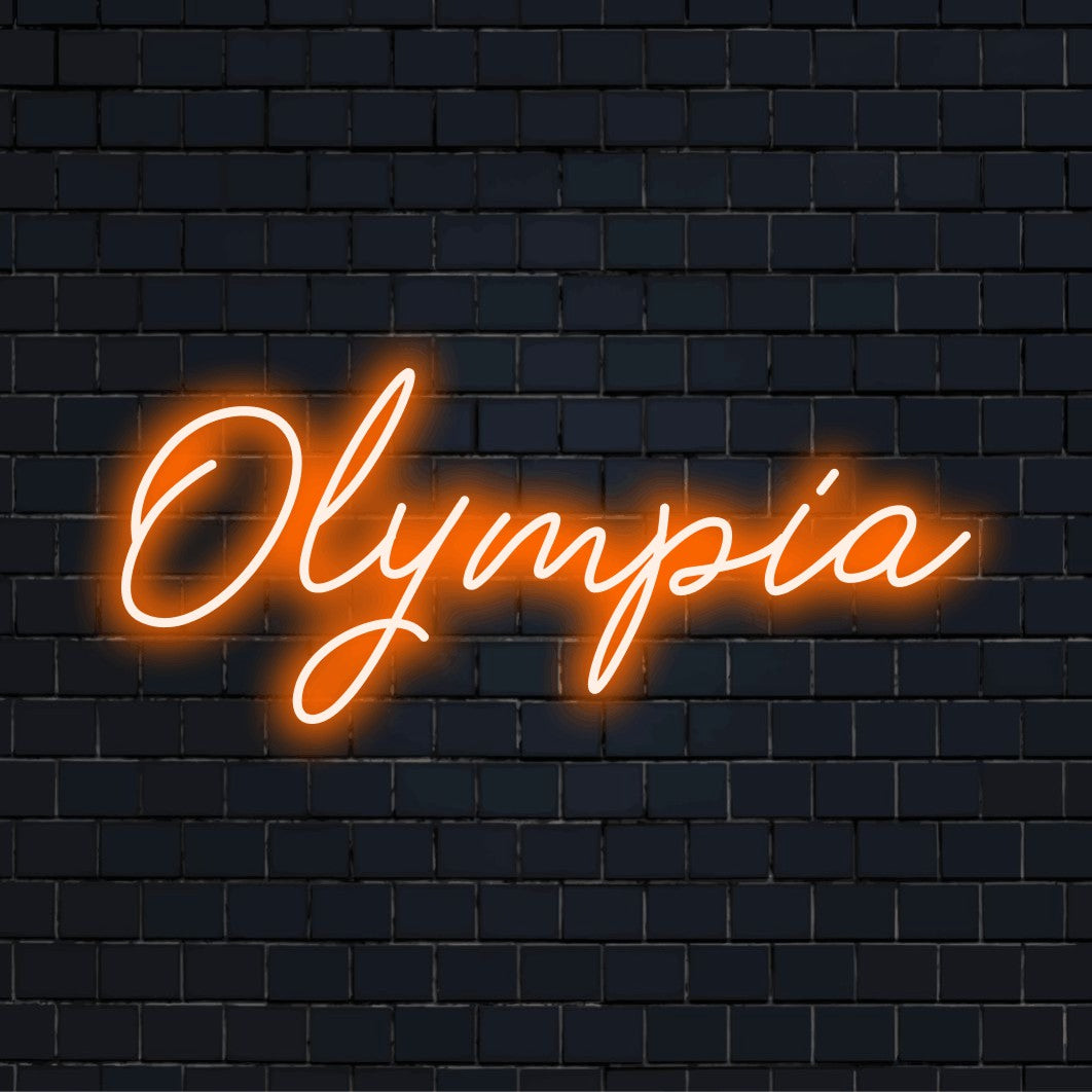Olympia LED Neon Sign, soft neon glow on dark brick wall