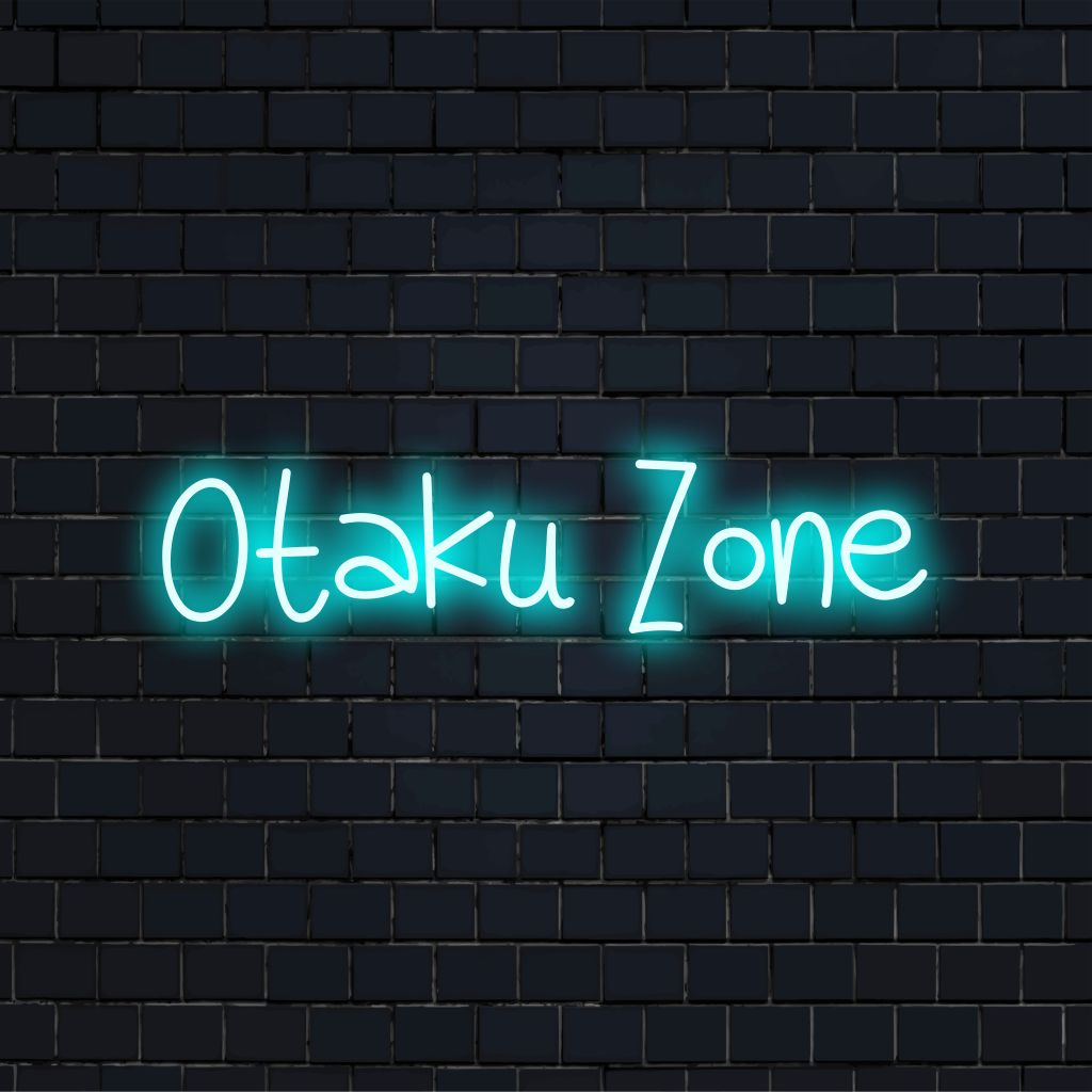 Otaku Zone LED Neon Sign, glowing lettering on black brick background