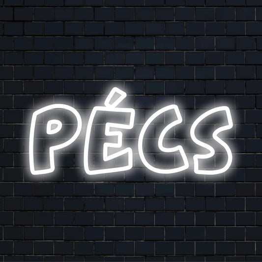 P Cs Neon Sign, glowing lettering on black brick background