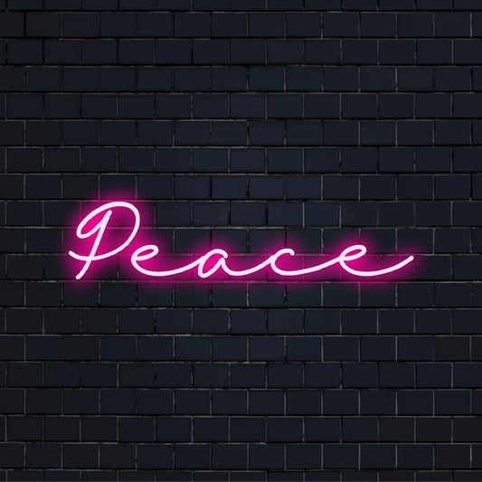 Peace Neon Light with bright neon lettering on black brick background