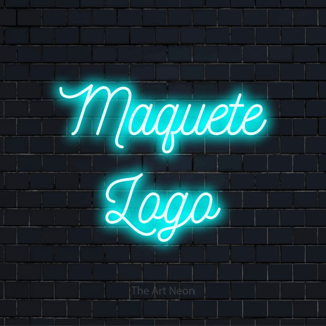 Letreiro néon LED com o design “Maquete Logo” numa parede escura