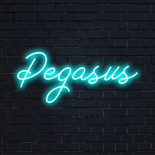 Pegasus Neon Sign, glowing neon text on black brick background