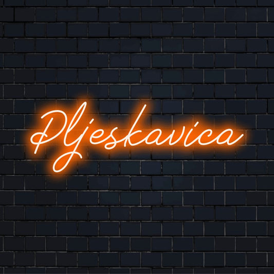Pljeskavica LED Neon Sign, glowing wall decor on black brick background