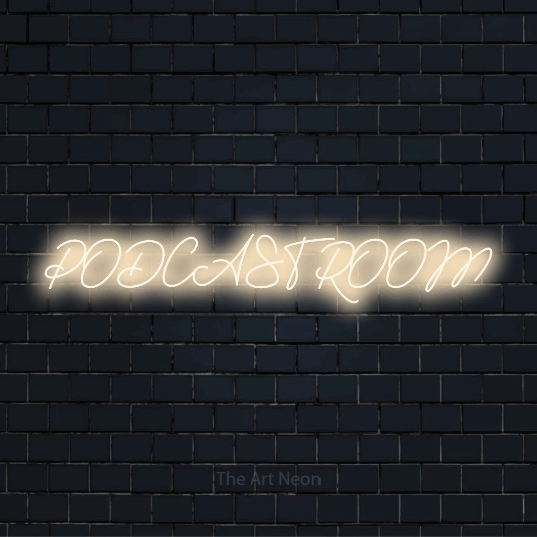 LED-Neonschriftzug Podcast Room für ein Content-Studio