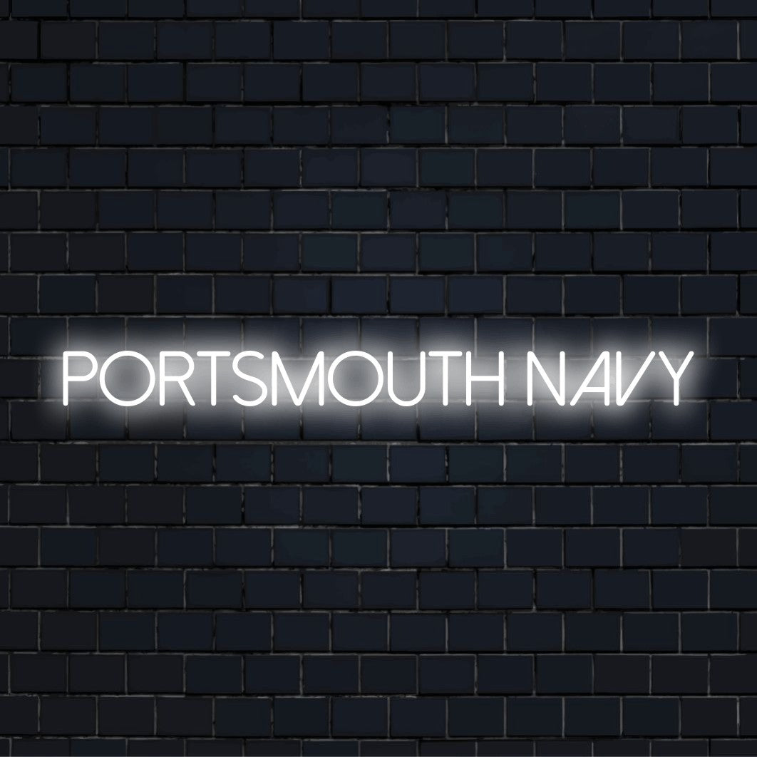 Portsmouth Navy Neon Sign, neon text light on black brick background
