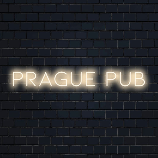 Prague Pub LED Neon Sign, neon text light on dark brick background