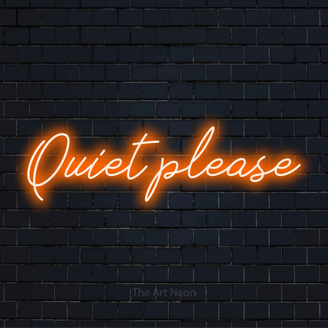 "Quiet Please" text design with neon effect on a black brick wall