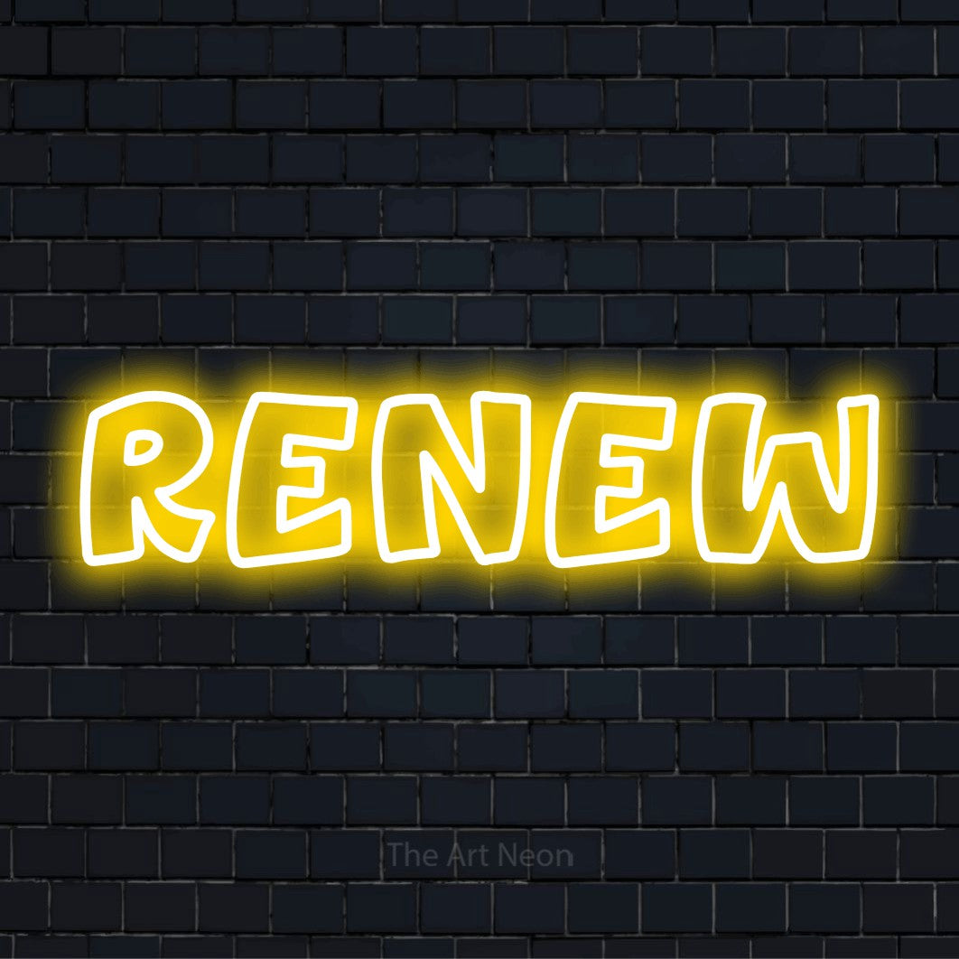 "Renew" LED neon sign on a black brick wall