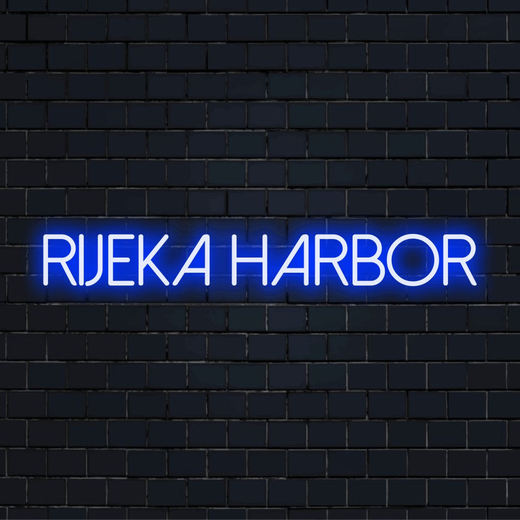 Rijeka Harbor LED Neon Sign, glowing neon text against brick backdrop