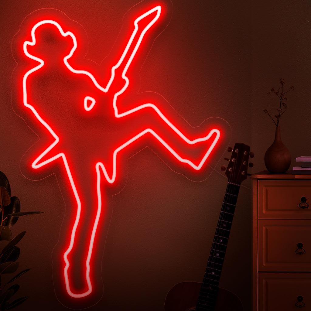 Ein dynamisches Neonschild mit der Silhouette eines Rockstars, das die Energie und das Charisma einer Live-Musik-Performance einfängt.