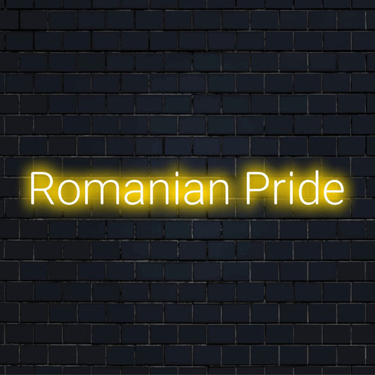 Romanian Pride Neon Light with bright LED glow on dark brick background