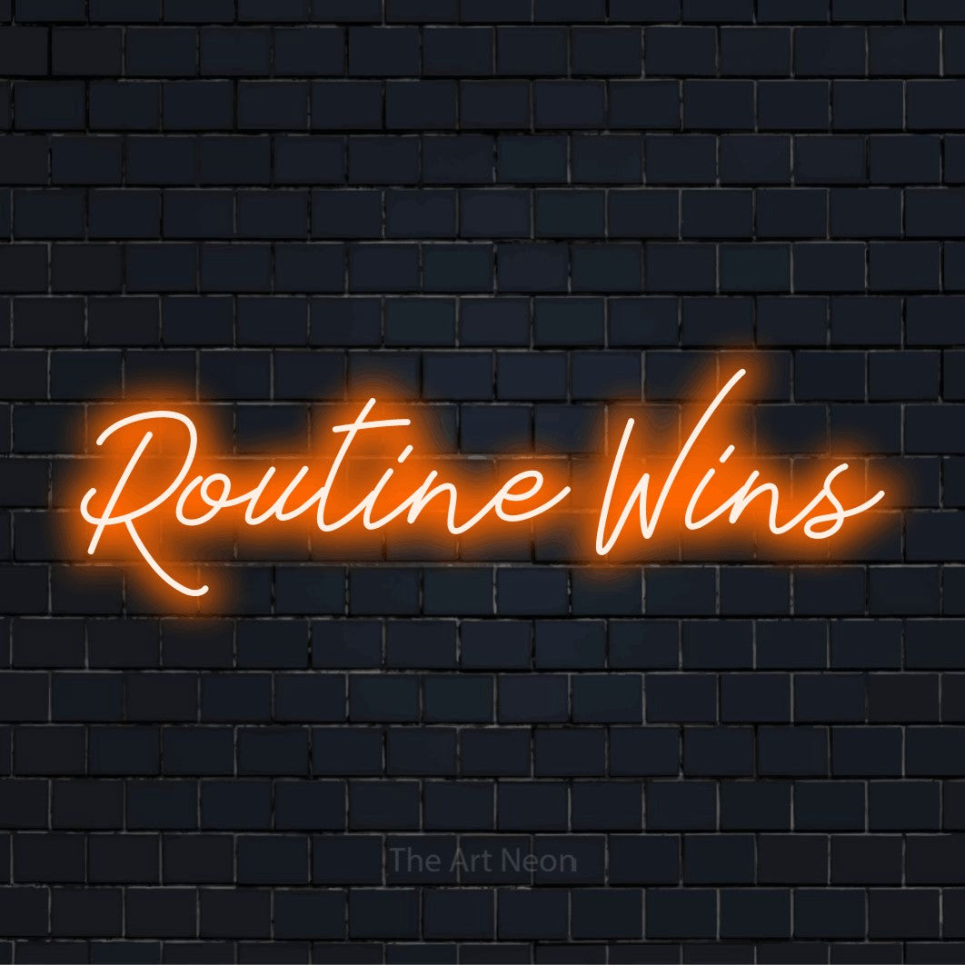 "Routine Wins" neon text design on a black brick wall
