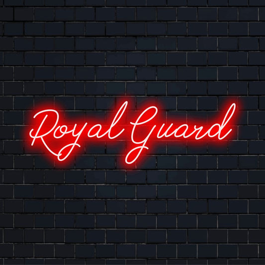 Royal Guard Neon Sign, glowing lettering against black brick wall