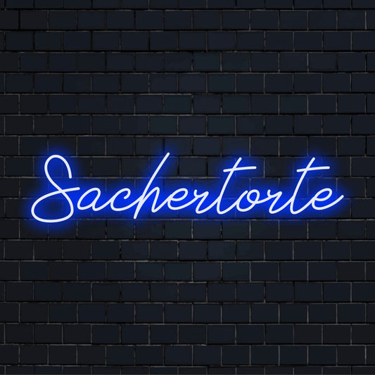 Sachertorte Neon Sign, glowing wall decor on dark brick background