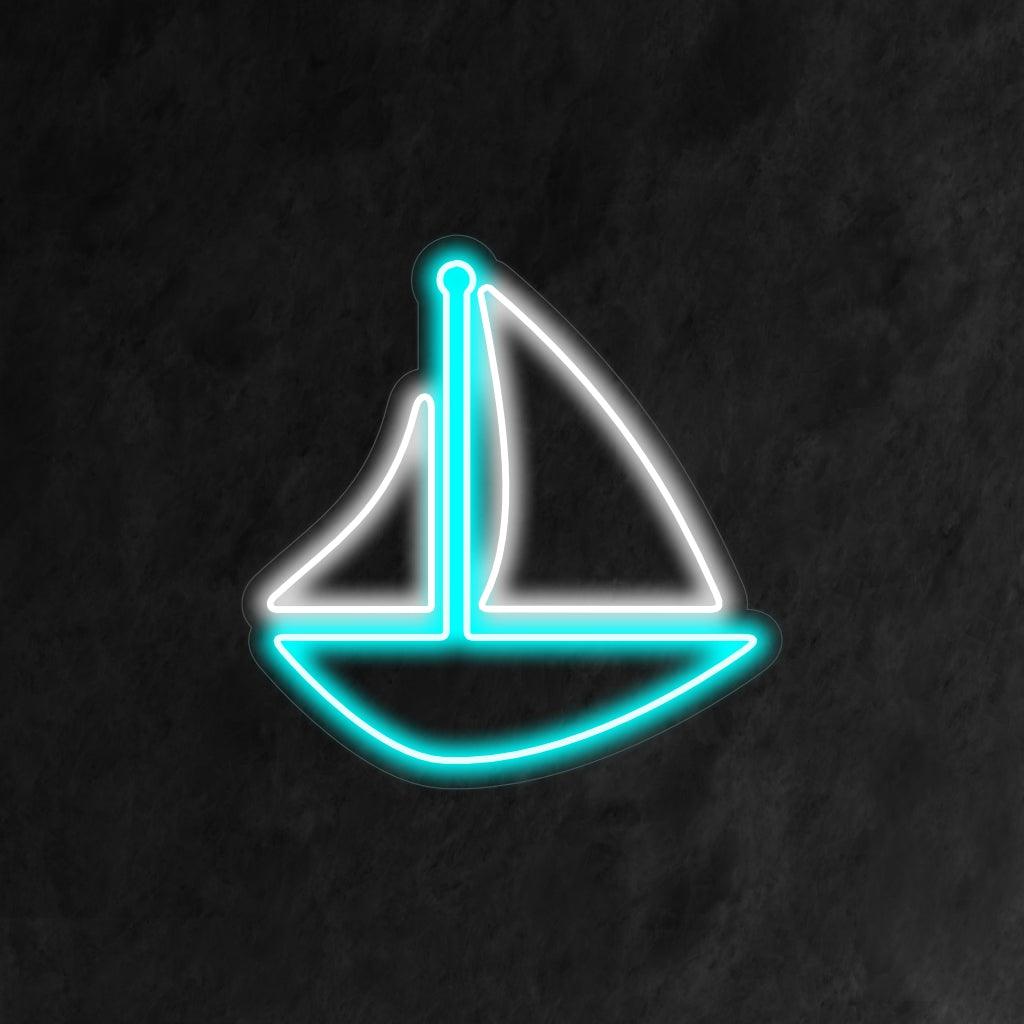 Ein faszinierendes Neonschild, das ein Segelboot zeigt, das anmutig über den Ozean segelt.