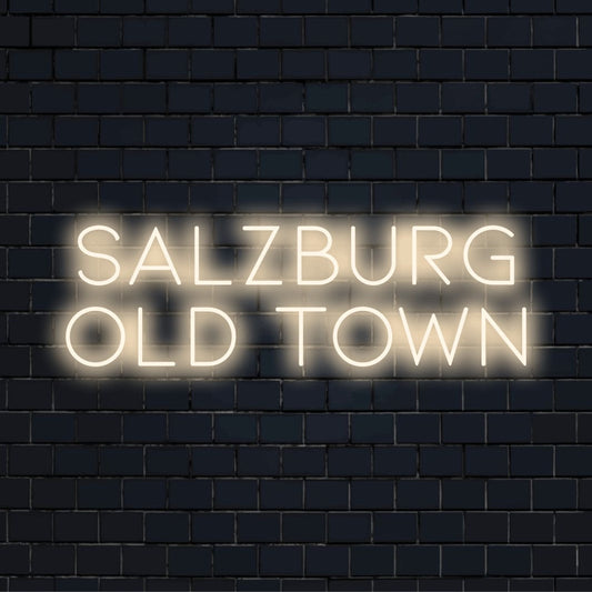 Salzburg Old Town LED Neon Sign, glowing wall decor on dark brick background