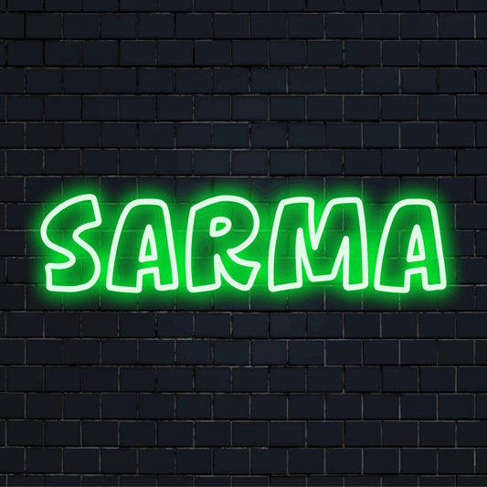 Sarma Neon Sign, bright LED glow on dark brick background