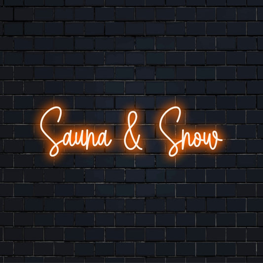 Sauna Snow Neon Sign, glowing lettering on dark brick wall