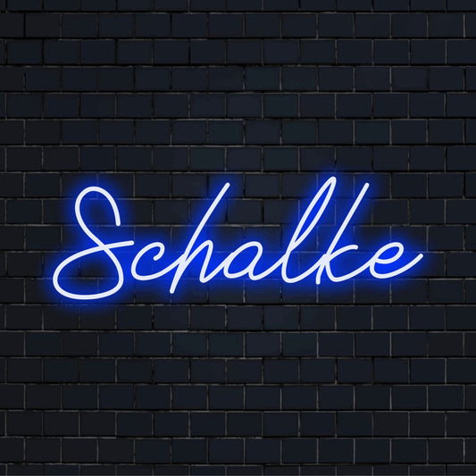 Schalke LED Neon Sign, bright neon lettering against brick backdrop