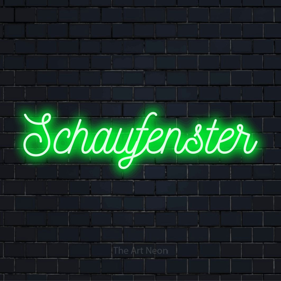 LED-Neonschild mit dem Design „Schaufenster“ auf dunkler Ziegelwand