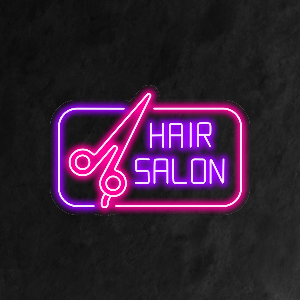 Ein fesselndes Neonschild mit einer Schere und den Worten „Friseursalon“ in stilvollen und fetten Buchstaben.