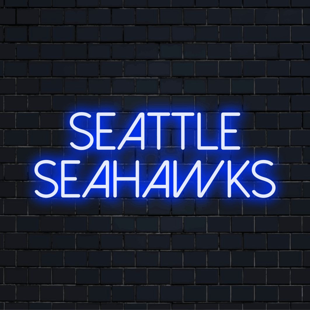 Seattle Seahawks LED Neon Sign, neon text light on black brick background